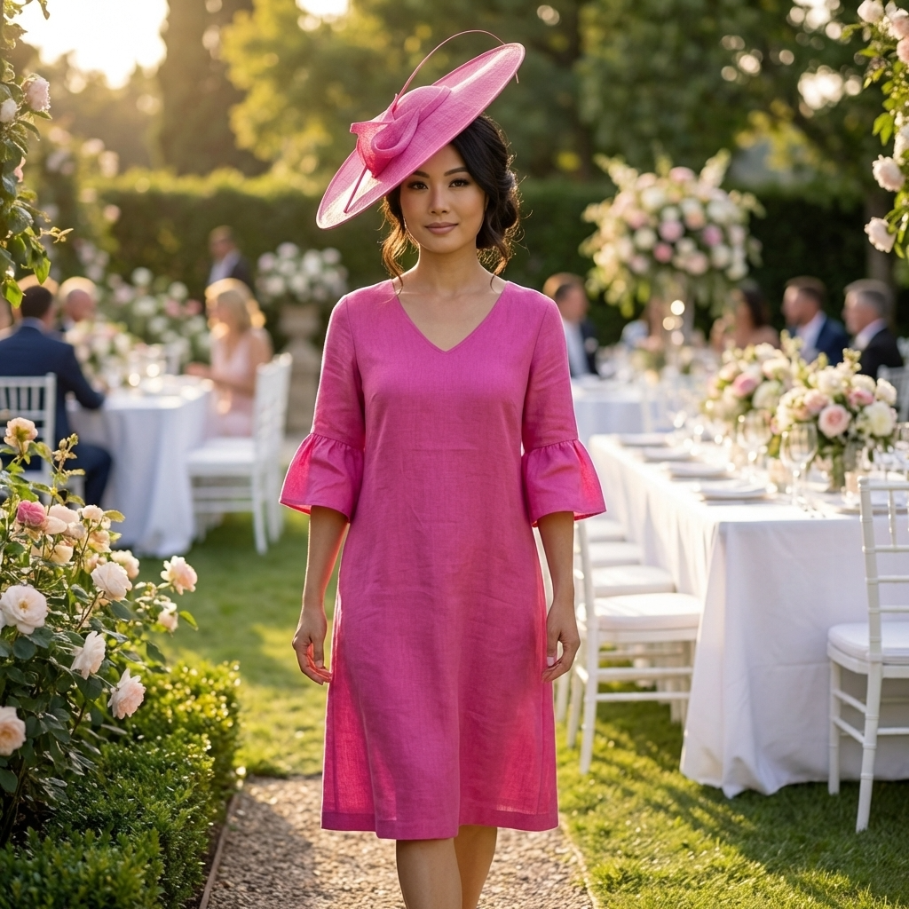 Woman in a pink dress and hat standing in a garden setting with tables and flowers.