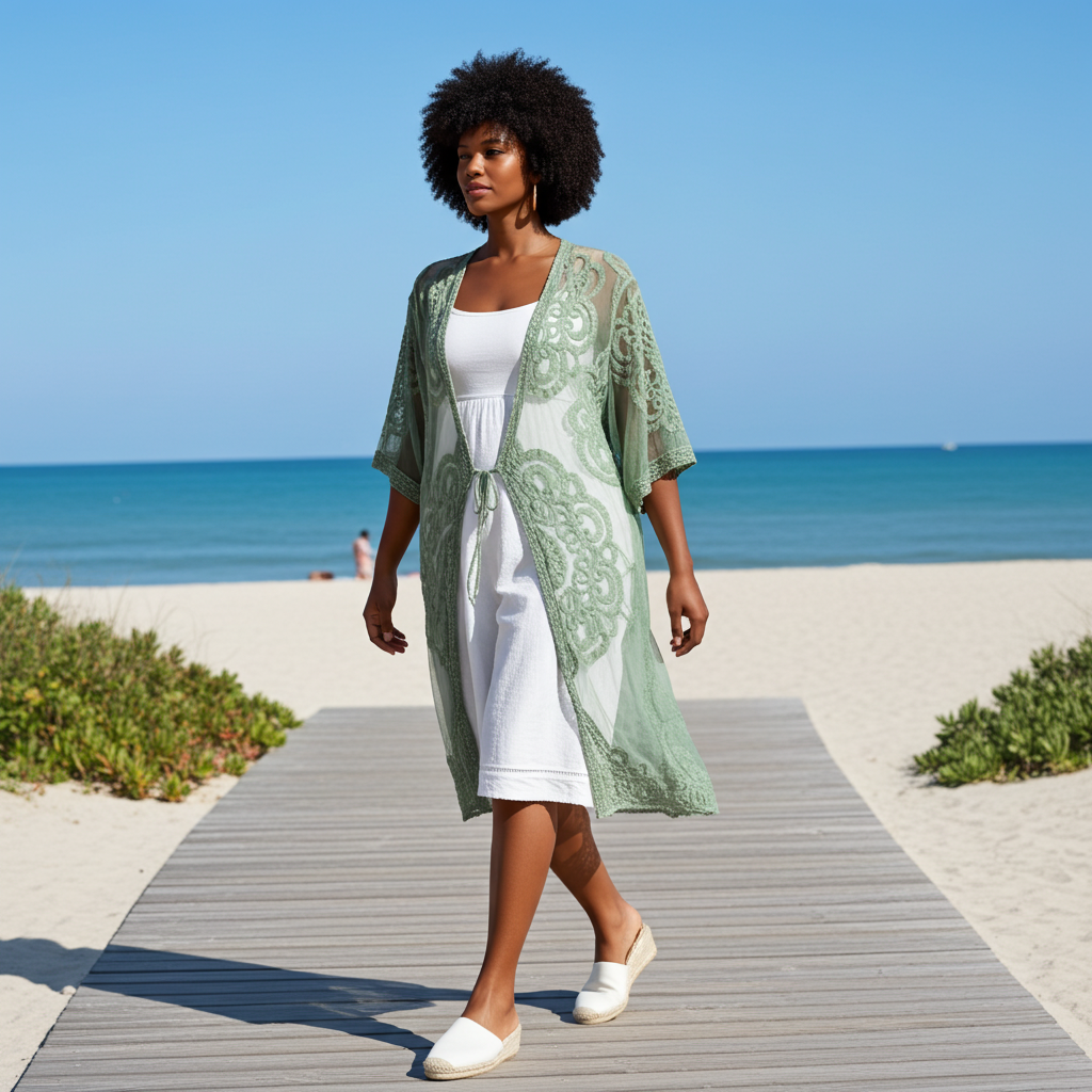 Woman walking on a wooden path by the beach wearing a green kimono and white dress.