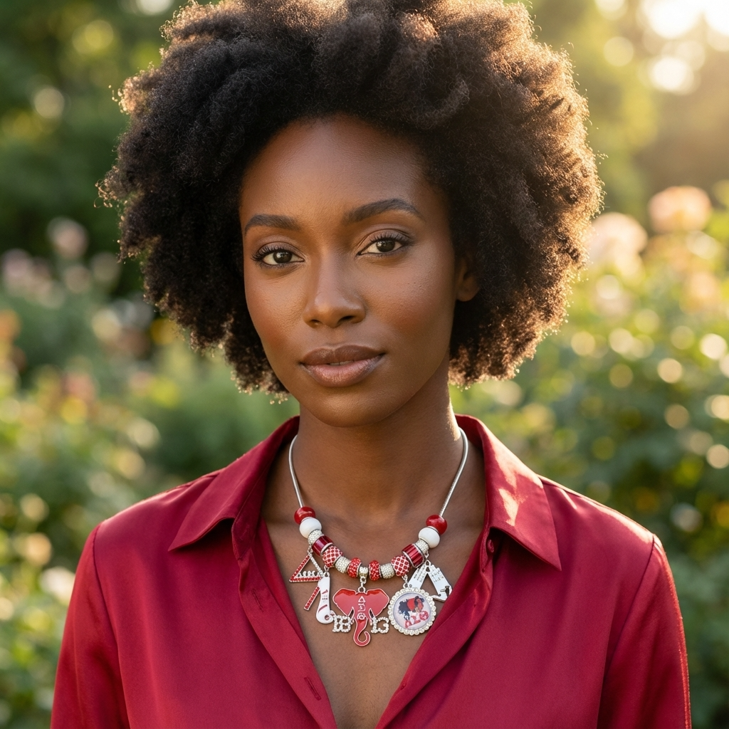 Delta Sigma Theta red and white rhinestone multi-charm necklace in silver tone metal