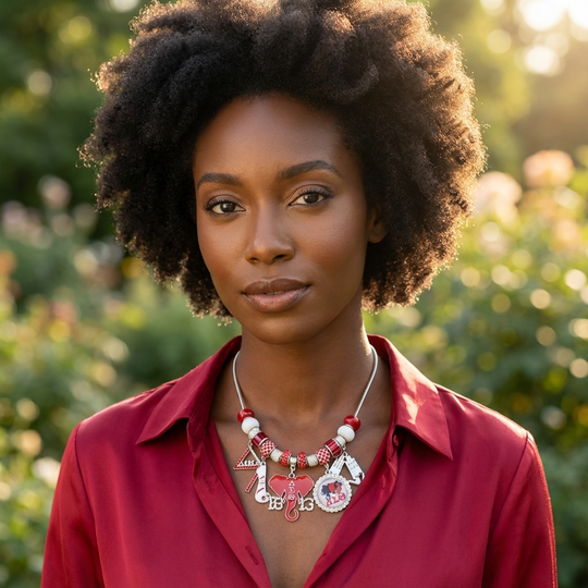 Delta Sigma Theta red and white rhinestone multi-charm necklace in silver tone metal