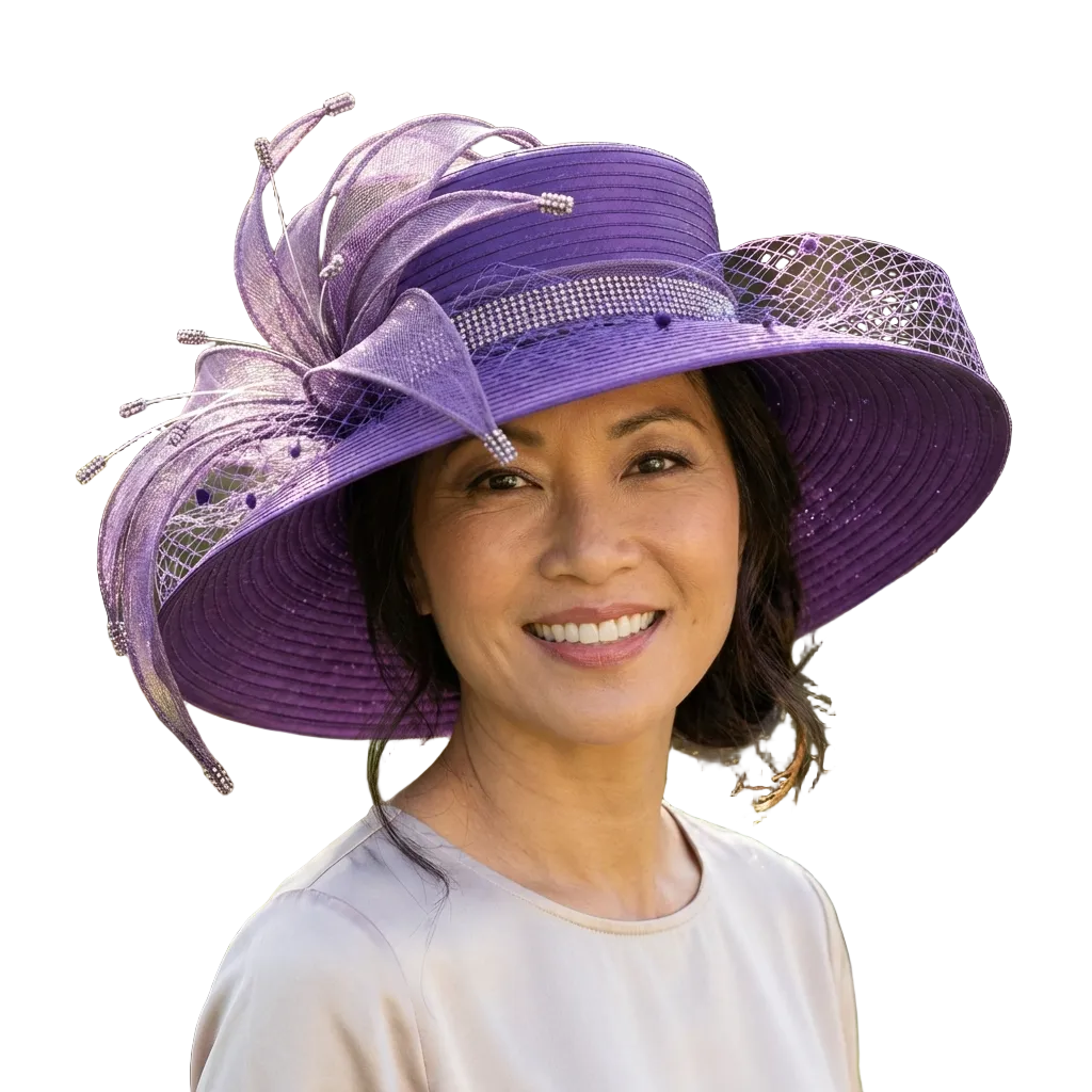 Woman wearing a purple decorative hat outdoors with greenery in the background