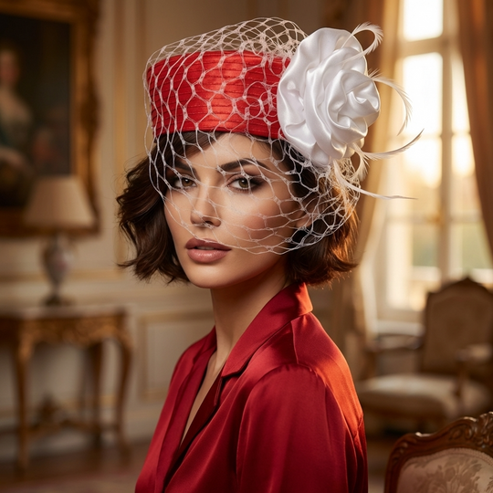 Woman wearing a red outfit and decorative hat in an elegant room.