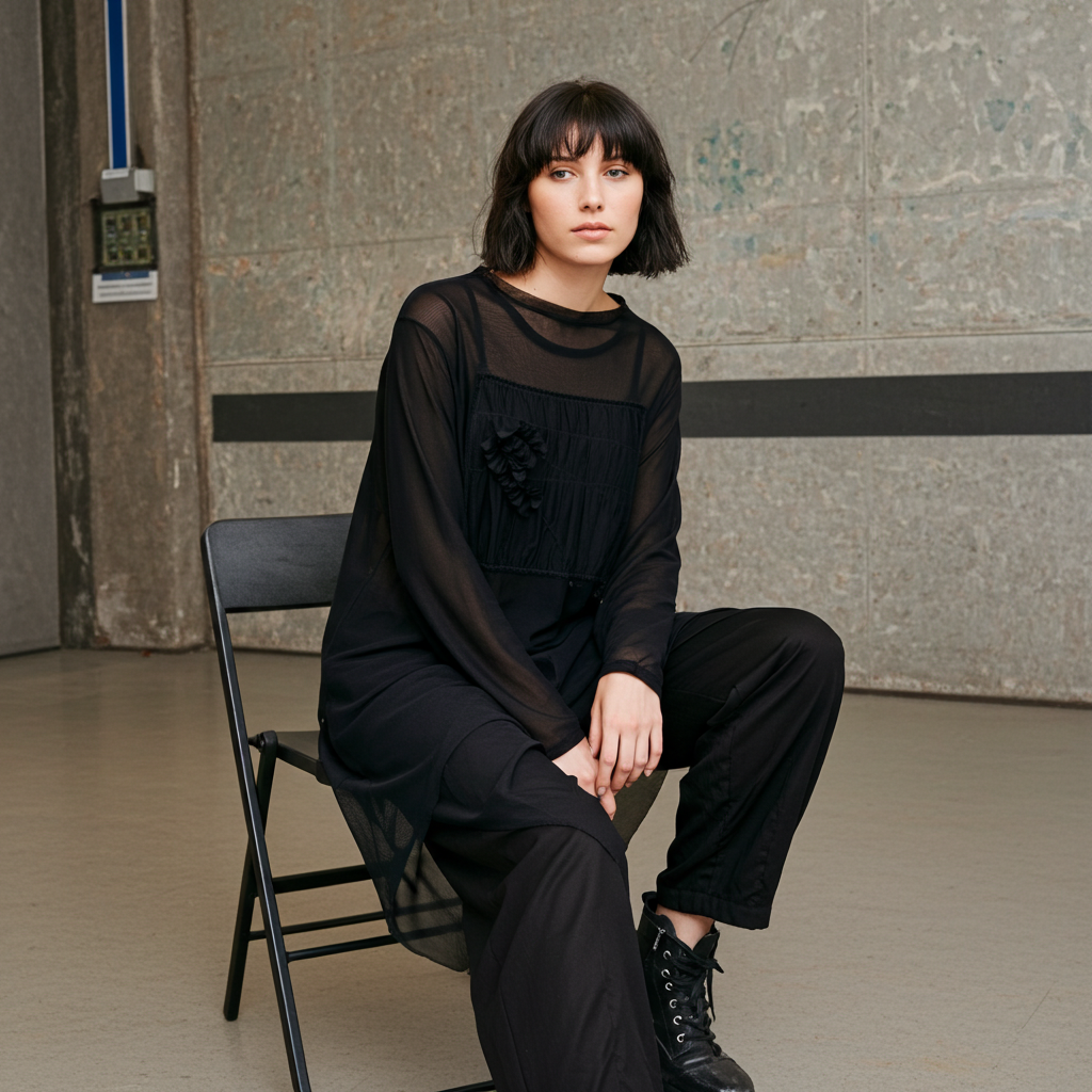 Tilly Tunic with Pleated Chest Panel & Abstract Hem – Black