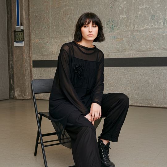 Tilly Tunic with Pleated Chest Panel & Abstract Hem – Black