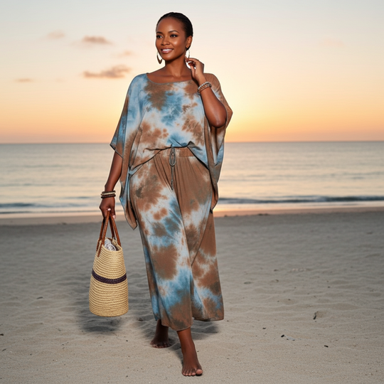Woman in a tie-dye dress holding a straw bag on a beach at sunset.