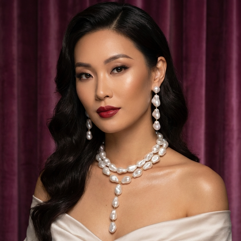 Layered Pearl Necklace and Drop Earrings Set – Gold Plated