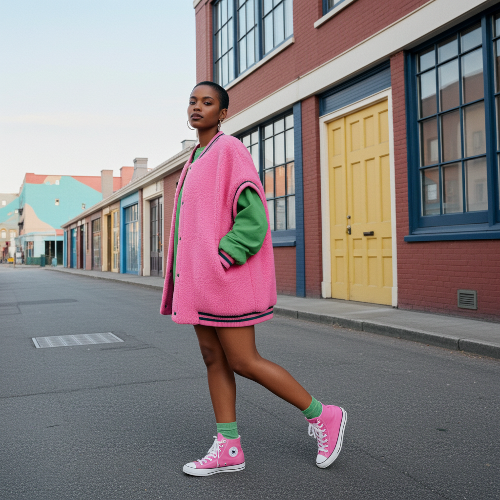 Woman in a pink coat and shoes walking on a street with colorful buildings.