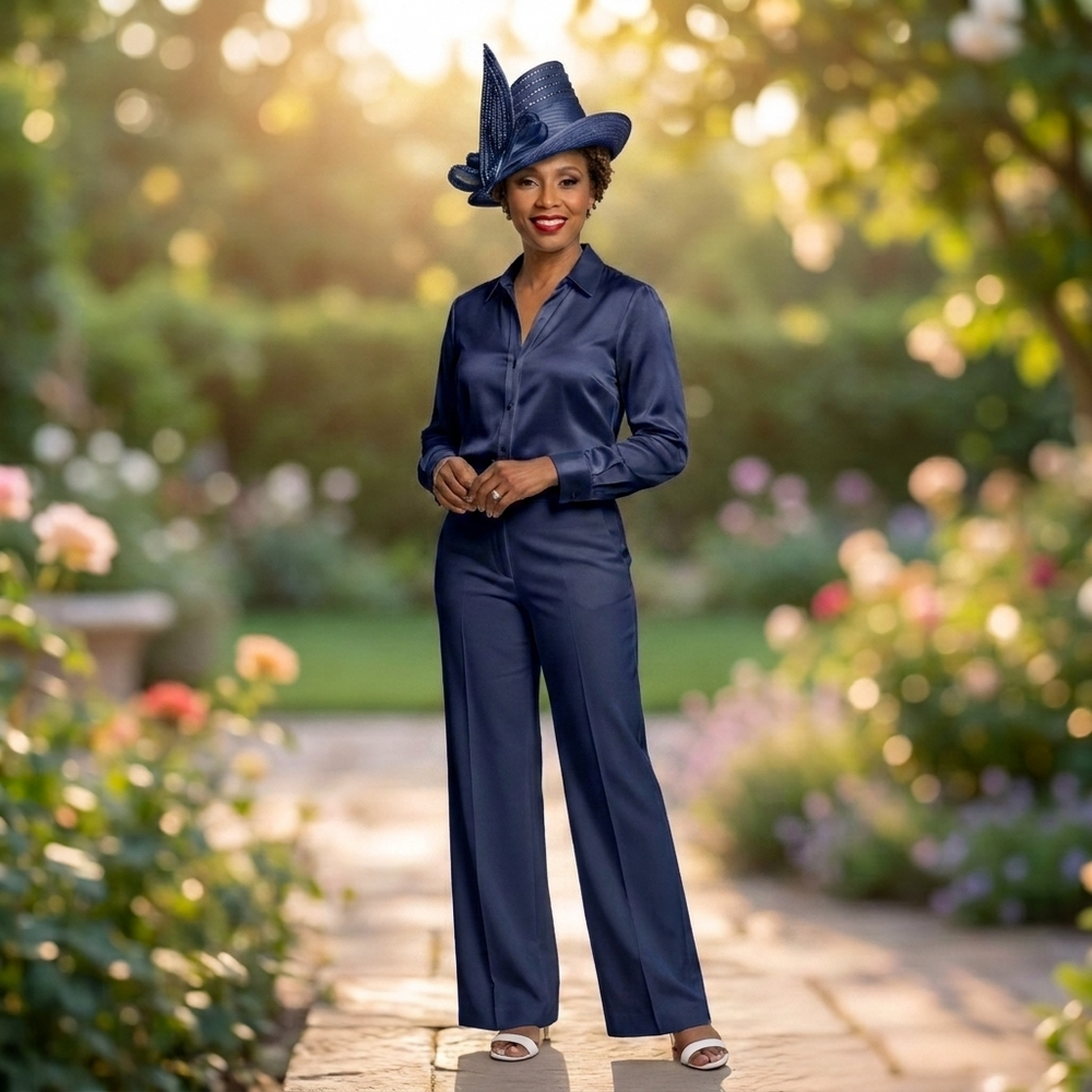 Navy Blue Tall Crown Satin Bow Hat