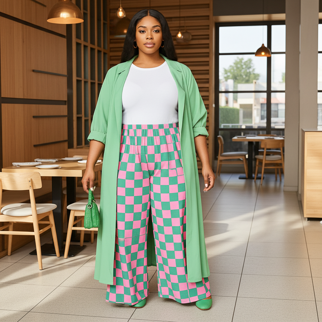 Woman in a green cardigan and pink checkered pants standing in a modern restaurant.