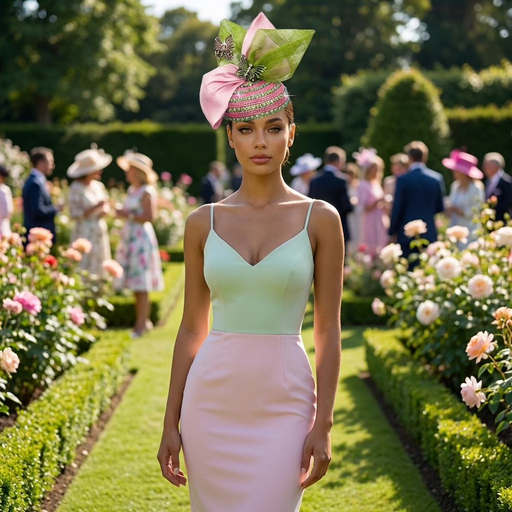 Woman in a light green and pink dress with a decorative hat in a garden setting