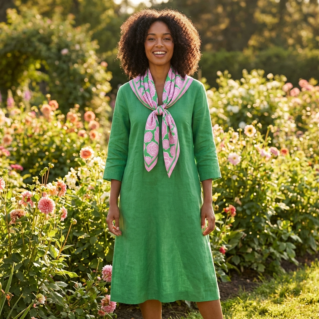 Pink & Green Rose Print Square Scarf