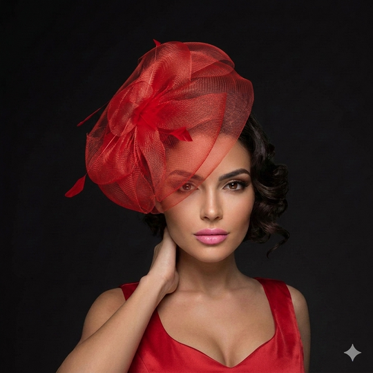 Woman wearing a red fascinator against a black background