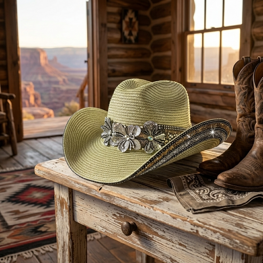 Green cowboy hat with floral embellishments on a wooden table in a rustic cabin setting.