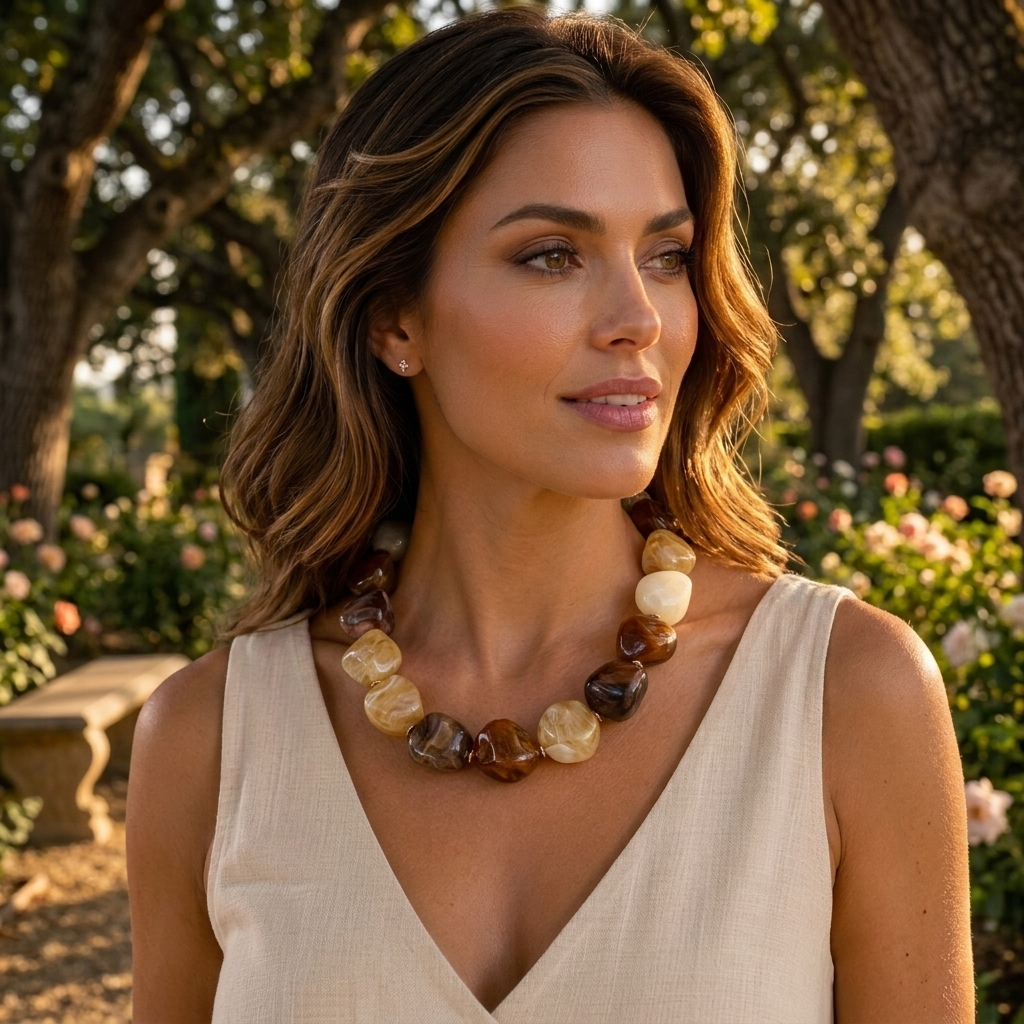Woman wearing a necklace with a garden background