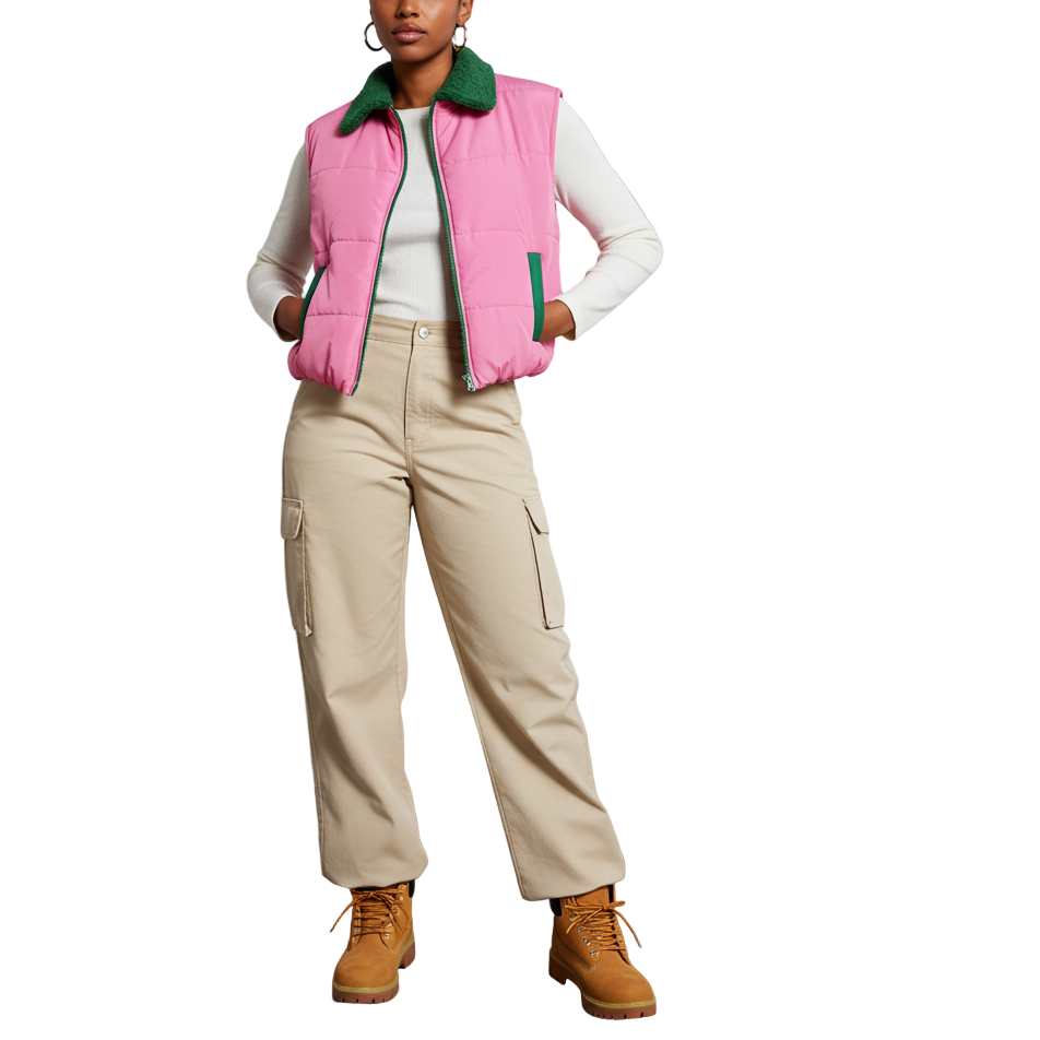 Person wearing a pink puffer vest with green trim, beige pants, and brown boots against a plain background