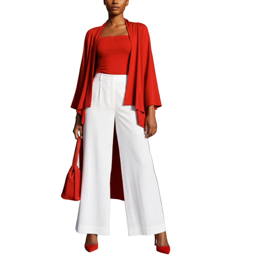 Woman in red top and white pants standing outside a building with tables and chairs inside.