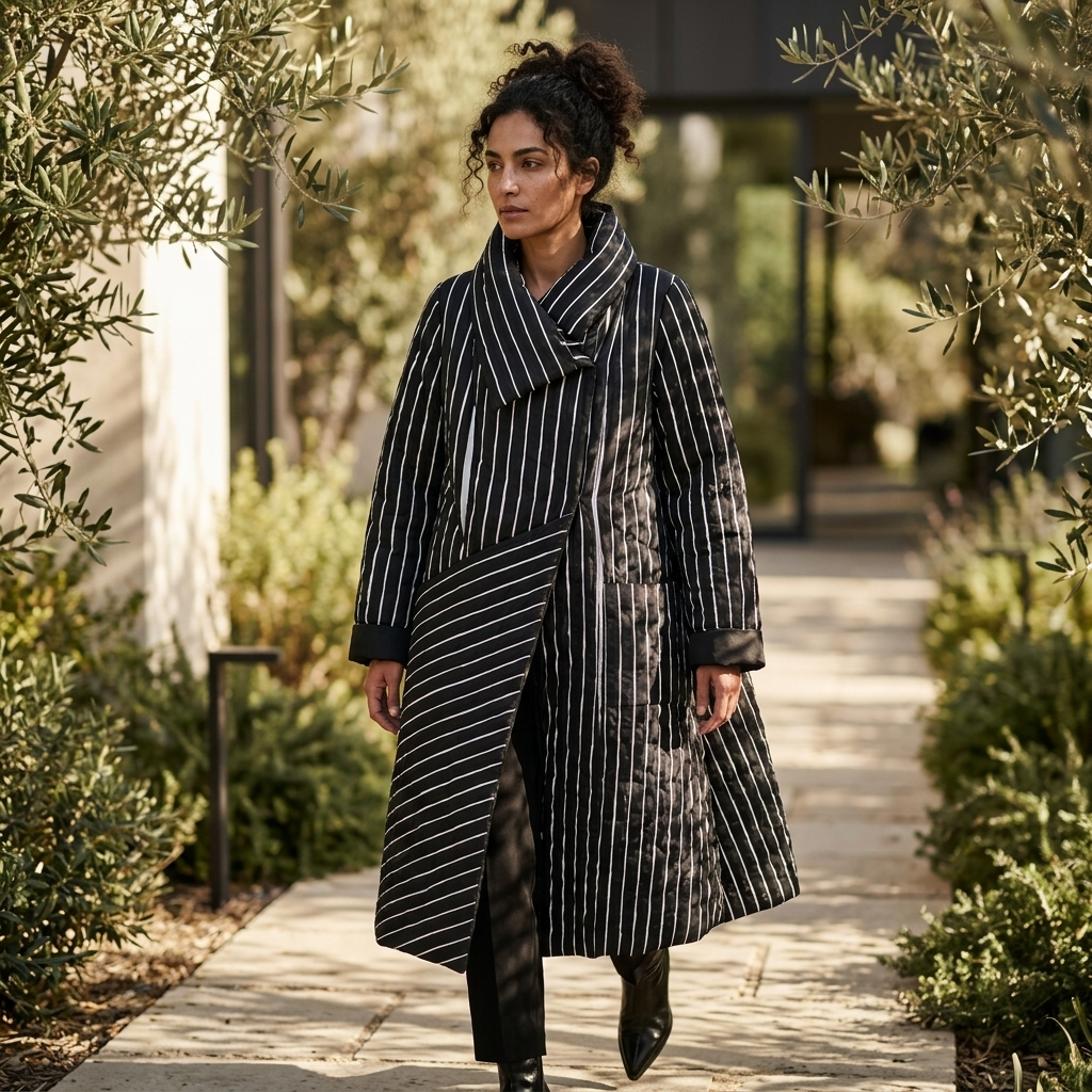 A woman walks along a sunlit stone path wearing a long black coat with thin white vertical pinstripes, black pants, and black pointed boots, framed by leafy greenery.