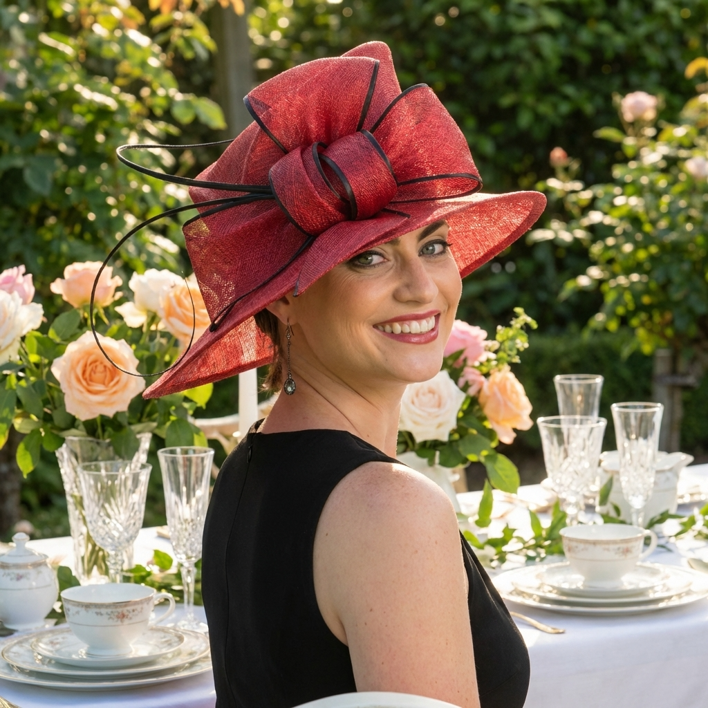 Woman wearing a red hat with a large bow at an outdoor event with floral decorations and tableware.