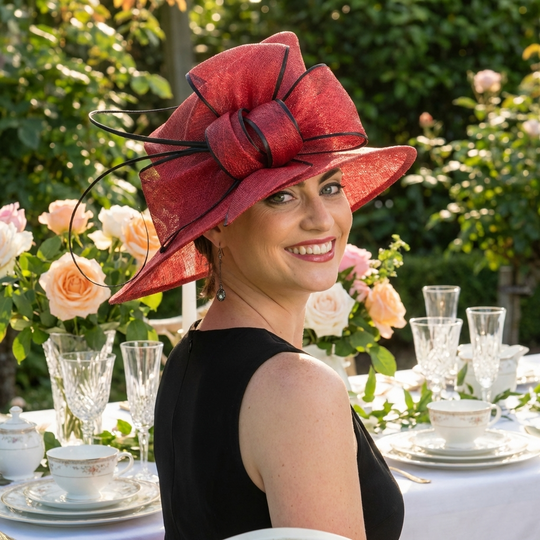 Woman wearing a red hat with a large bow at an outdoor event with floral decorations and tableware.