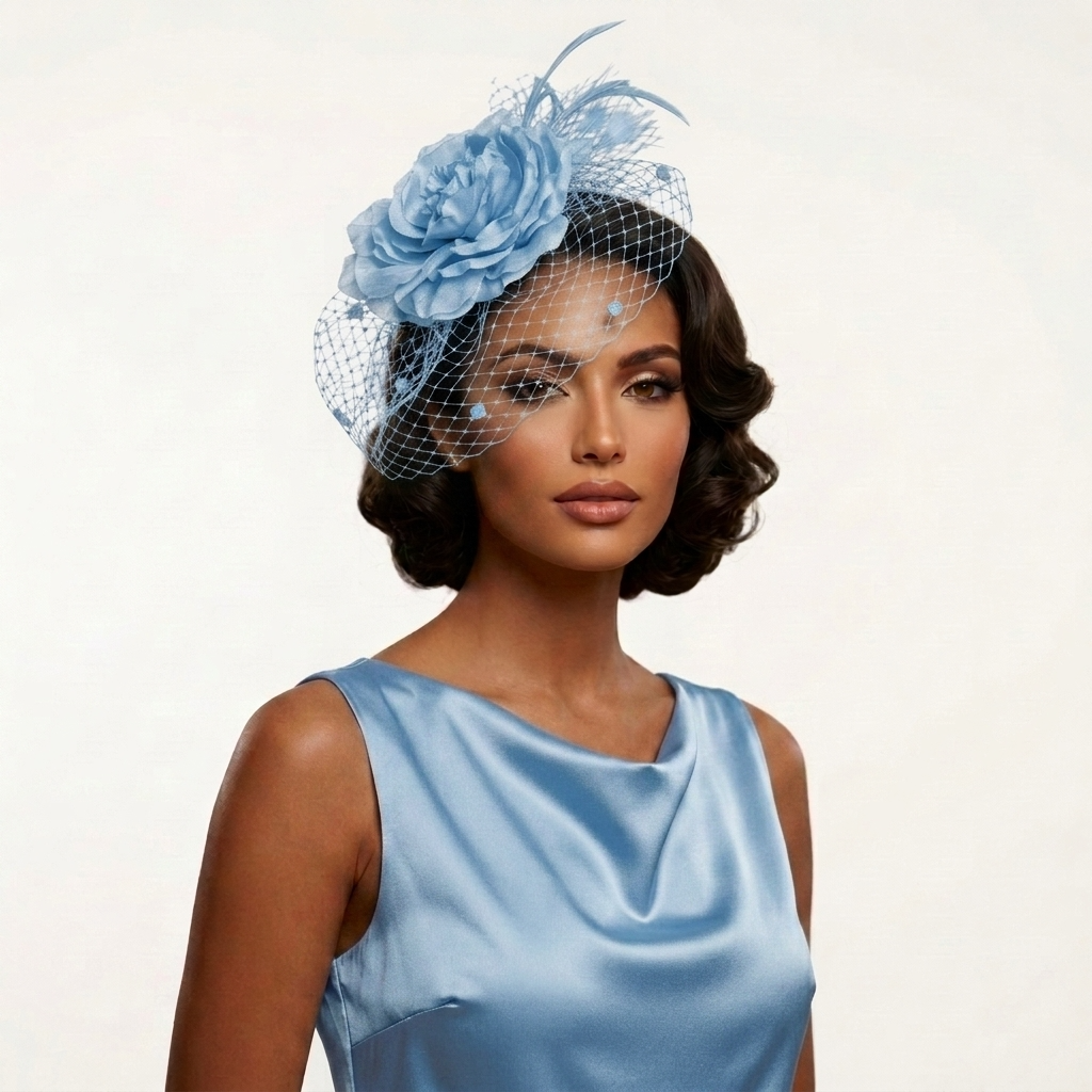 A woman wearing a light blue fascinator hat with a large fabric flower, feather, and net veil, paired with a matching light blue satin dress against a plain light background.