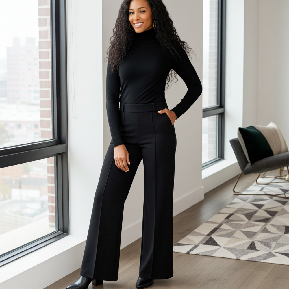 Woman in a black outfit standing in a modern room with large windows.