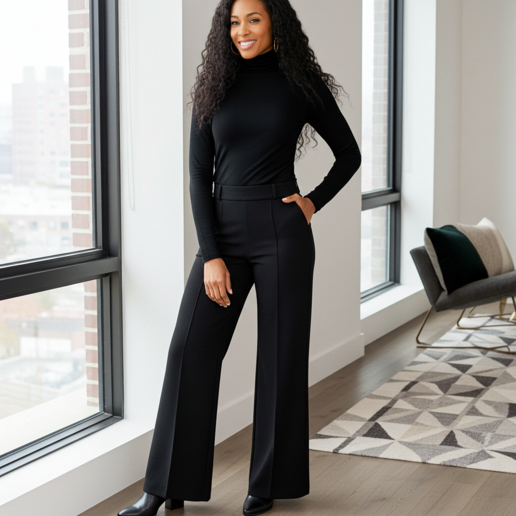 Woman in a black outfit standing in a modern room with large windows.