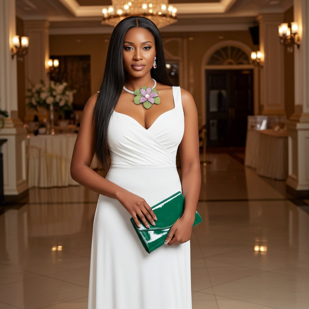 Woman in a white dress holding a green clutch in an elegant indoor setting