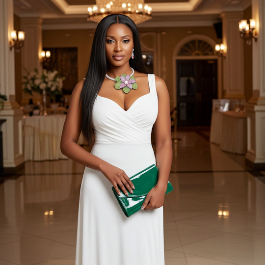 Woman in a white dress holding a green clutch in an elegant indoor setting