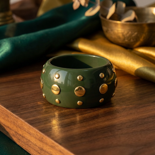 Bowie Bangle Bracelet – Colored Resin Cuff with Gold-Plated Studs - Green