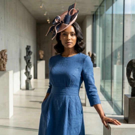 Light Pink & Navy Blue Sinamay Saucer Fascinator Hat