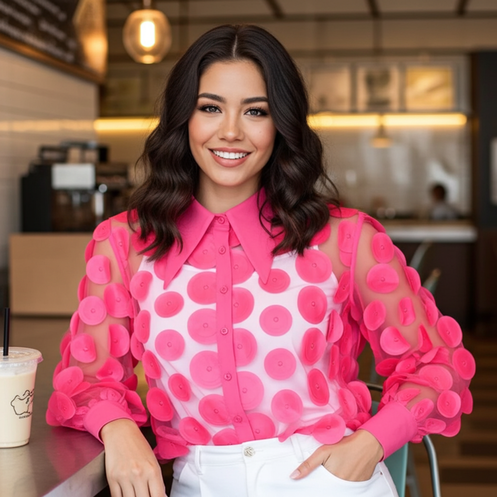 Statement Collar Puff Sleeve Button Down Blouse - Fuchsia