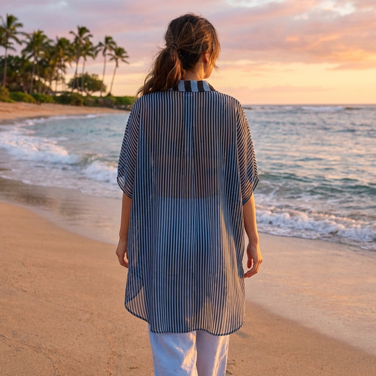 Flowy striped oversized viscose blouse with relaxed fit and lightweight drape