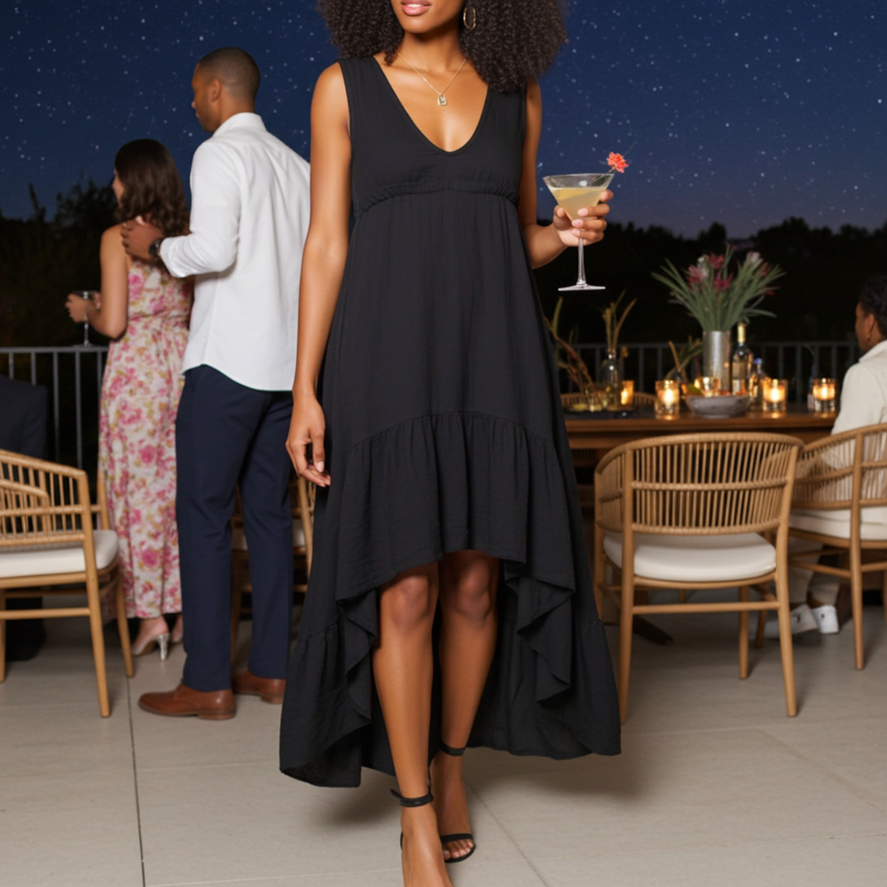 Woman in a black dress holding a cocktail at an outdoor evening event.