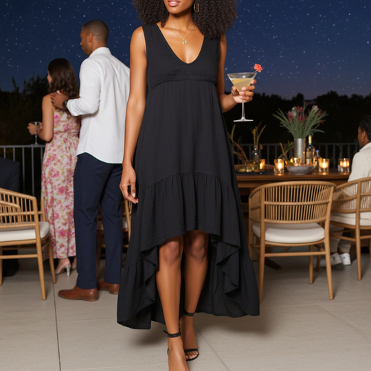 Woman in a black dress holding a cocktail at an outdoor evening event.