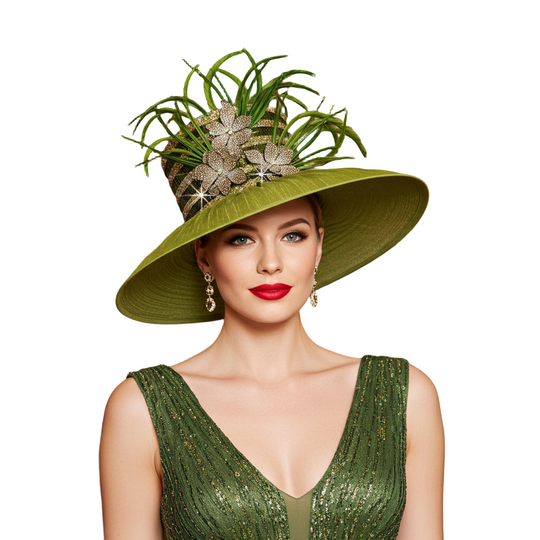 Woman wearing a green hat with decorative elements in an elegant indoor setting