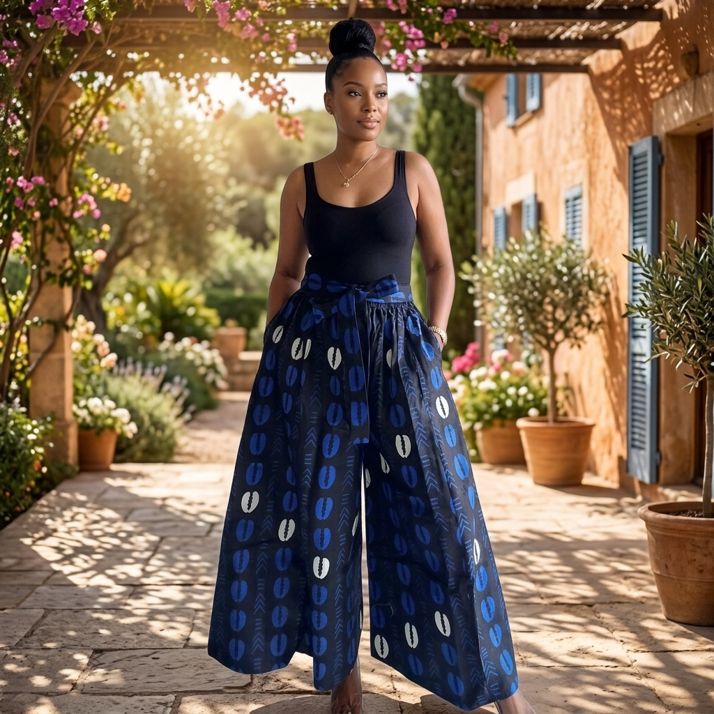 African Shell Print Palazzo Pants – Blue Multitone
