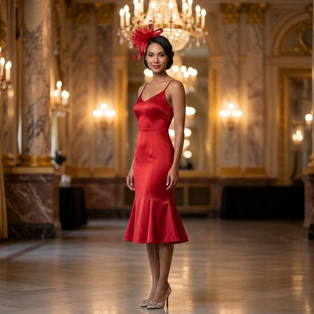 Woman in a red dress standing in an opulent room with chandeliers.