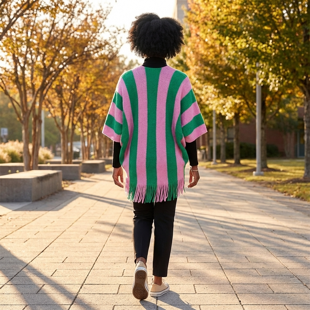 Person wearing a pink and green striped poncho walking on a paved path with trees in the background.