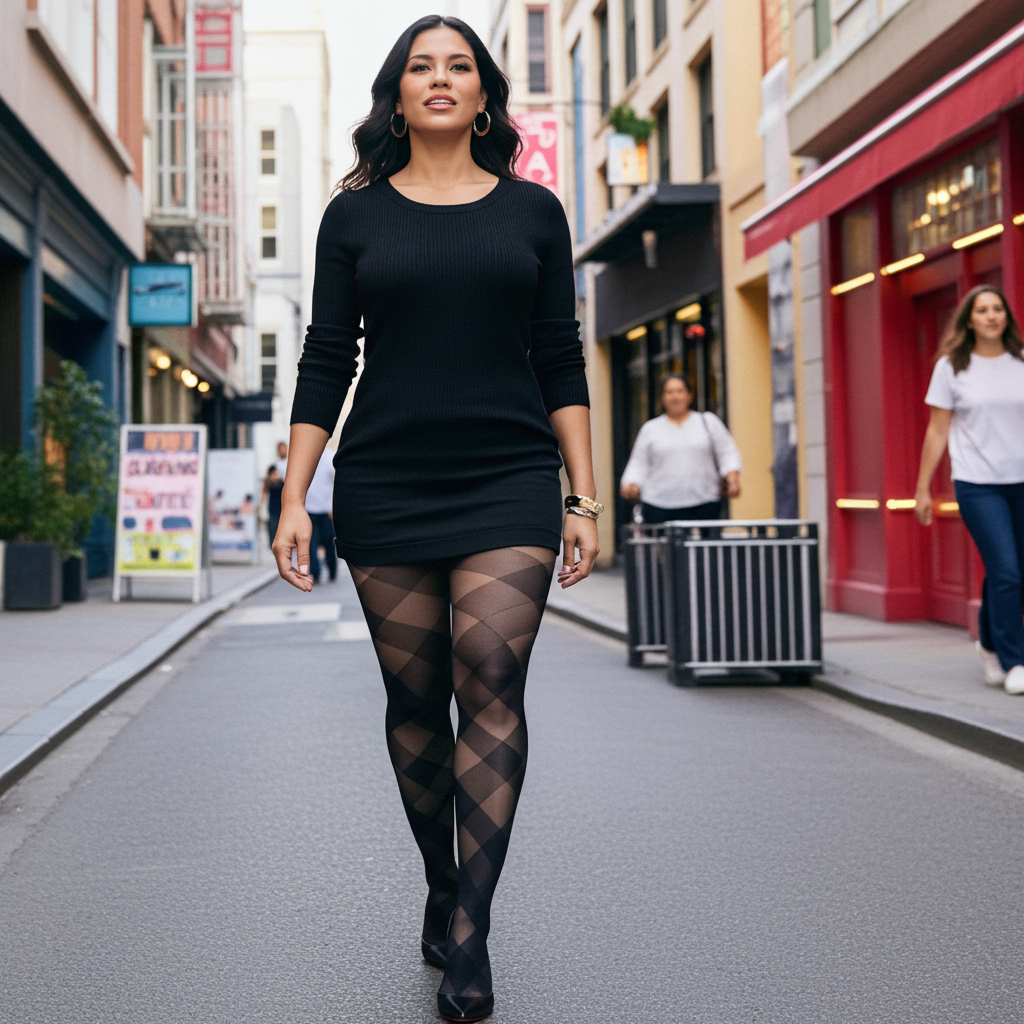 Black Diagonal Check Sheer Tights Plus Size