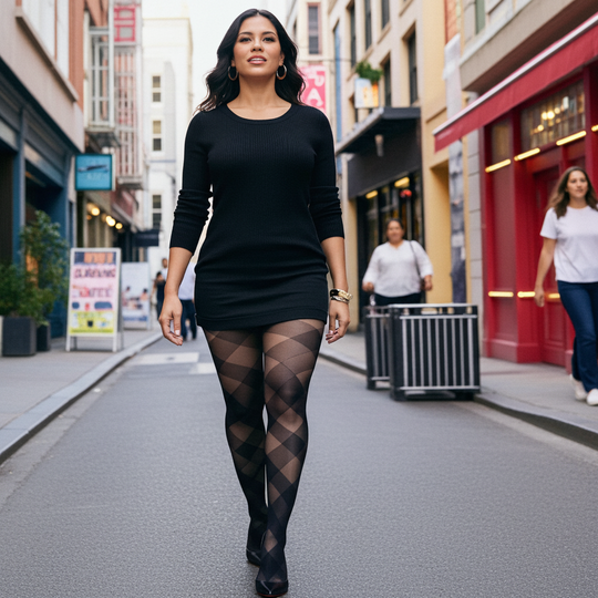 Black Diagonal Check Sheer Tights Plus Size