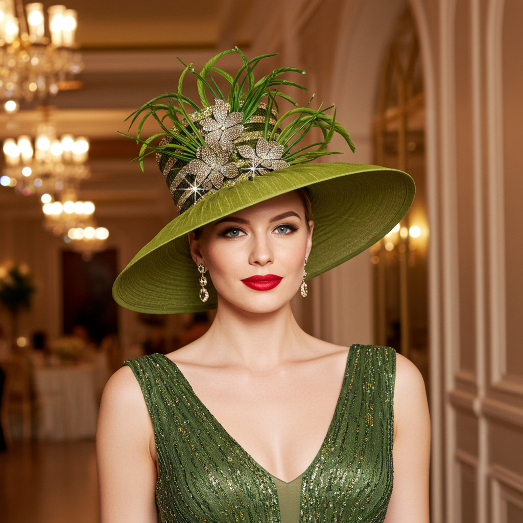 Woman wearing a green hat with decorative elements in an elegant indoor setting