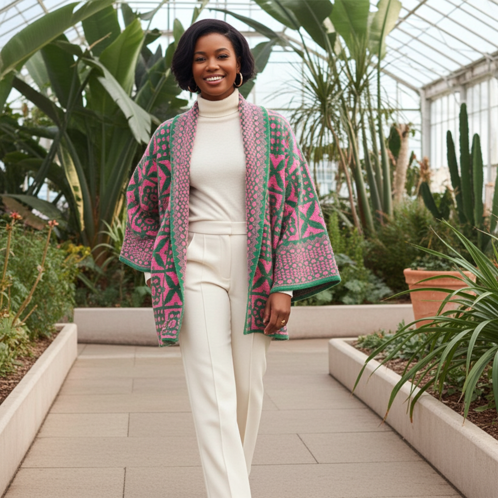 Cárdigan de punto con estampado de azulejos rosas y verdes