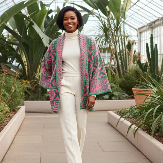 Cárdigan de punto con estampado de azulejos rosas y verdes