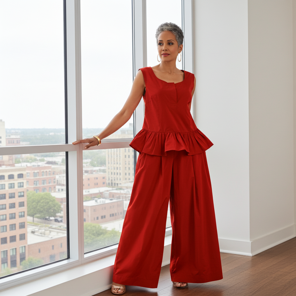 Woman in a red outfit standing by a window with a cityscape view