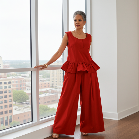 Woman in a red outfit standing by a window with a cityscape view