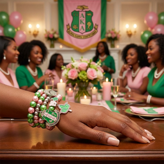 Group of women at a formal event with a focus on a hand wearing green and pink jewelry.