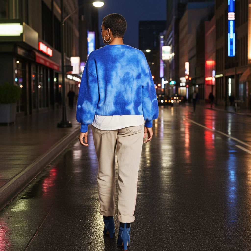 Person wearing a blue tie-dye sweater and beige pants walking on a city street at night.