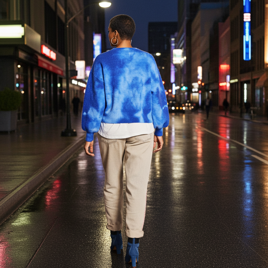 Person wearing a blue tie-dye sweater and beige pants walking on a city street at night.