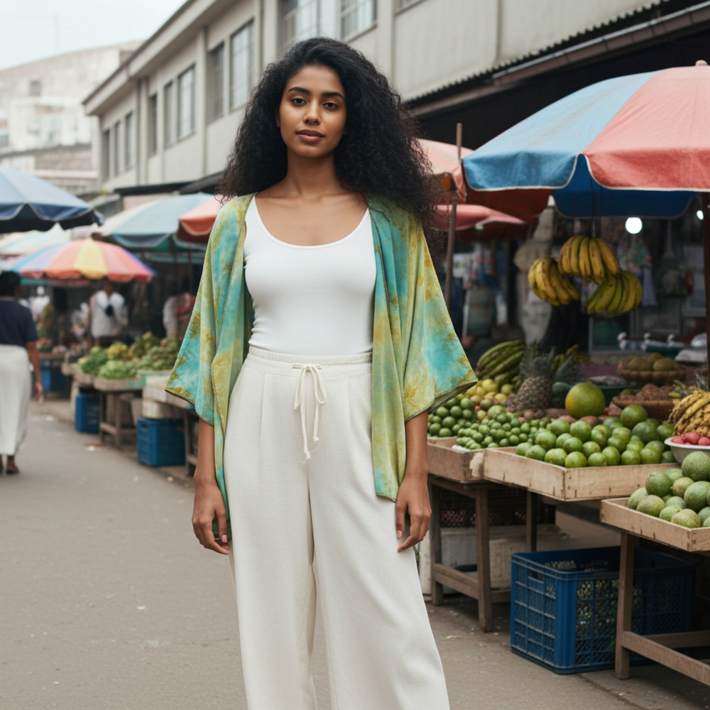 Woman standing in a market with colorful umbrellas and fruit stands.