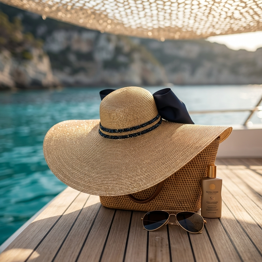 Straw hat with a bow, sunglasses, and sunscreen on a wooden deck by a scenic waterfront.